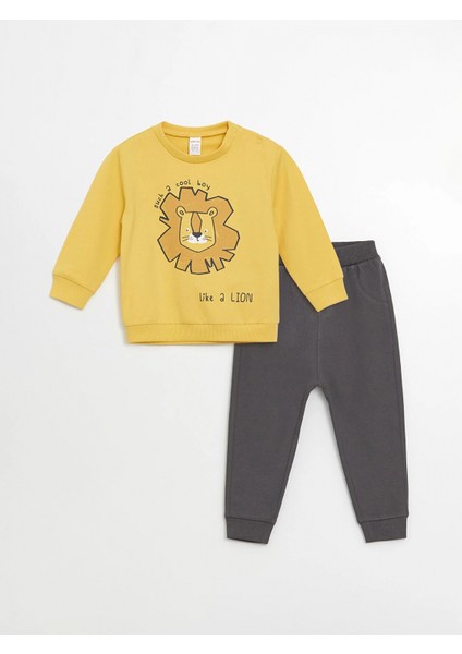 Lcw Baby Sari Bisiklet Yaka Uzun Kollu Baskılı Erkek Bebek Sweatshirt ve Eşofman Alt 2'li Takım