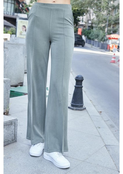 Kadın Ipeksi Modal Esnek Kumaş Yüksek Bel Önden Dikişli Yan Cepli Bol Paça Palazzo Pantolon-Haki