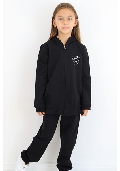 Kız Çocuk Eşofman Takım Taş Işlemeli Kalp 4-9 Yaş, Siyah