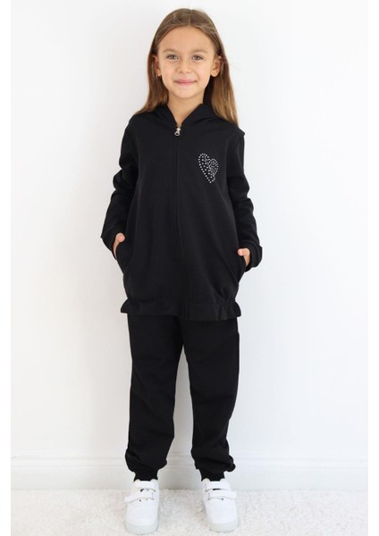 Kız Çocuk Eşofman Takım Taş Işlemeli Kalp 4-9 Yaş, Siyah fiyatları