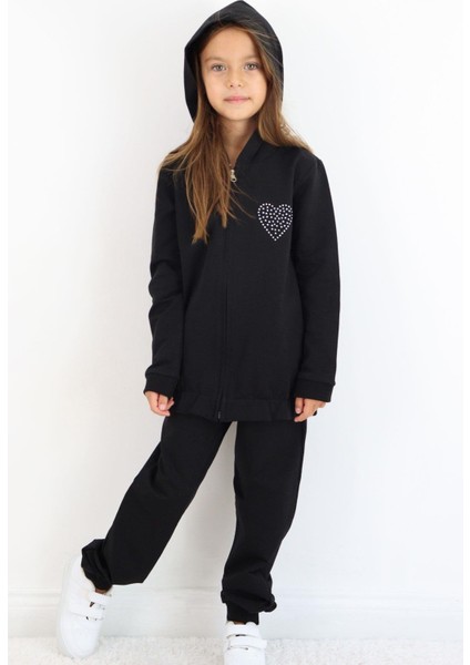 Kız Çocuk Eşofman Takım Taş Işlemeli Kalp 4-9 Yaş, Siyah modelleri