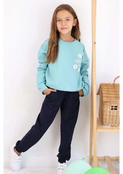 Kız Çocuk Eşofman Takım Slogan Temalı Püsküllü Çiçek Nakışlı 4-9 Yaş, Su Yeşili