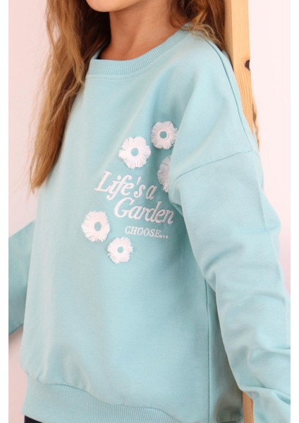 Kız Çocuk Eşofman Takım Slogan Temalı Püsküllü Çiçek Nakışlı 4-9 Yaş, Su Yeşili fırsatları