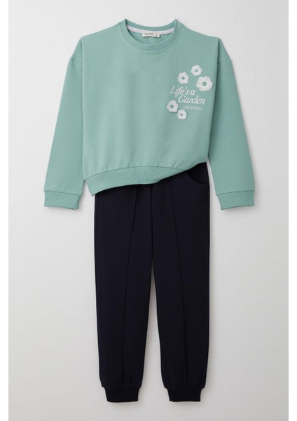 Kız Çocuk Eşofman Takım Slogan Temalı Püsküllü Çiçek Nakışlı 4-9 Yaş, Su Yeşili indirimleri