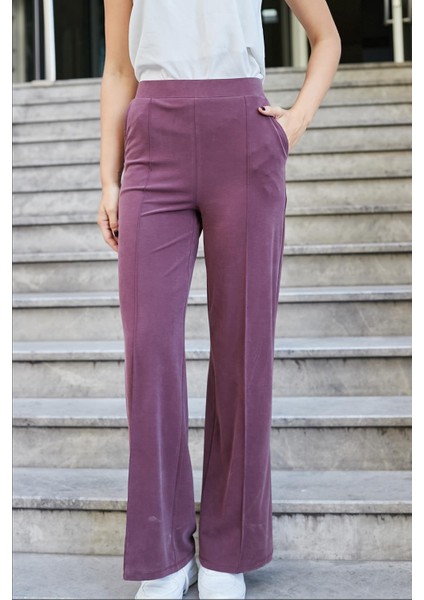 Kadın Modal Ipeksi Likralı Kumaş Yüksek Bel Önden Dikişli Cepli Bol Paça Palazzo Pantolon-Bordo