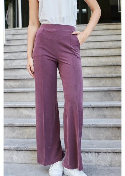 Kadın Modal Ipeksi Likralı Kumaş Yüksek Bel Önden Dikişli Cepli Bol Paça Palazzo Pantolon-Bordo fiyatları