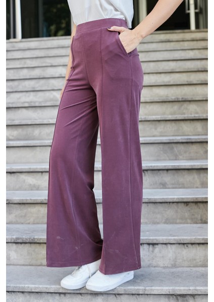 Kadın Modal Ipeksi Likralı Kumaş Yüksek Bel Önden Dikişli Cepli Bol Paça Palazzo Pantolon-Bordo modelleri