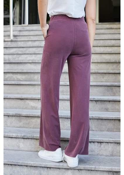 Kadın Modal Ipeksi Likralı Kumaş Yüksek Bel Önden Dikişli Cepli Bol Paça Palazzo Pantolon-Bordo fırsatları