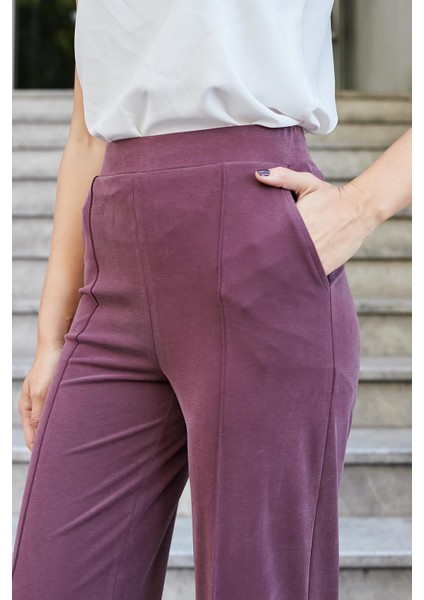 Kadın Modal Ipeksi Likralı Kumaş Yüksek Bel Önden Dikişli Cepli Bol Paça Palazzo Pantolon-Bordo indirimleri