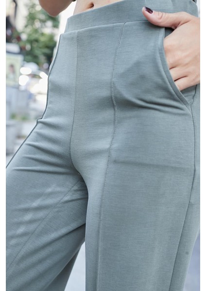Kadın Ipeksi Modal Esnek Kumaş Yüksek Bel Önden Dikişli Yan Cepli Bol Paça Palazzo Pantolon-Haki fiyatları