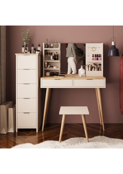 U4060 Bella Makyaj Masası Seti 5+2 Çekmeceli Dolaplı Tabureli Kumtaşı-Sepet
