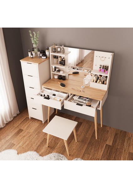 U4060 Bella Makyaj Masası Seti 5+2 Çekmeceli Dolaplı Tabureli Kumtaşı-Sepet modelleri