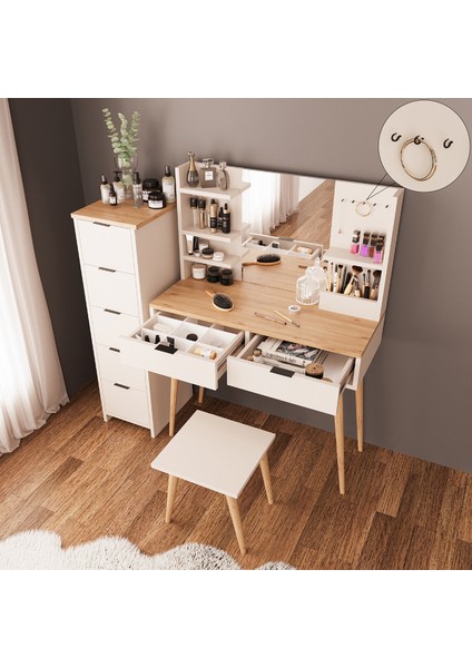 U4060 Bella Makyaj Masası Seti 5+2 Çekmeceli Dolaplı Tabureli Kumtaşı-Sepet fırsatları