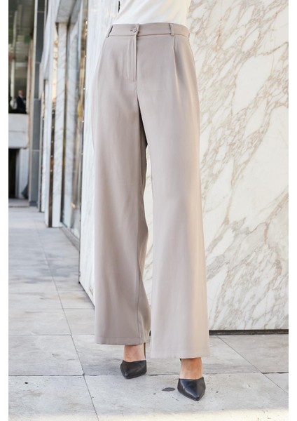 Kadın Ipeksi Modal Yüksek Bel Yan Cepli Pileli Arkası Lastikli Bol Paça Palazzo Pantolon-Vizon