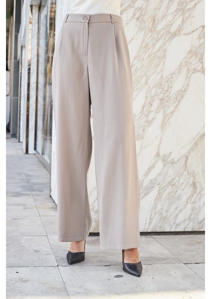Kadın Ipeksi Modal Yüksek Bel Yan Cepli Pileli Arkası Lastikli Bol Paça Palazzo Pantolon-Vizon fiyatları
