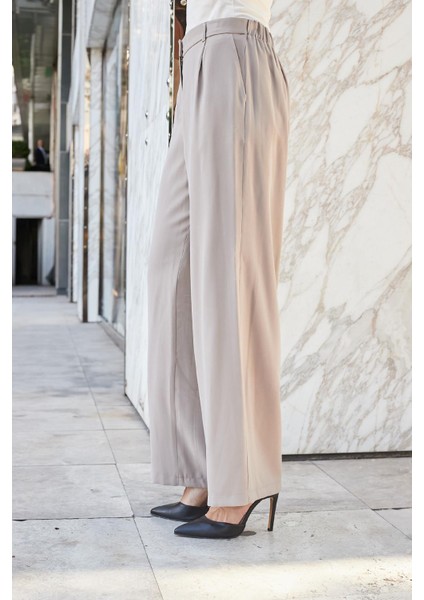 Kadın Ipeksi Modal Yüksek Bel Yan Cepli Pileli Arkası Lastikli Bol Paça Palazzo Pantolon-Vizon modelleri