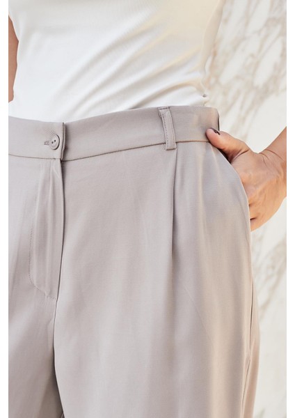 Kadın Ipeksi Modal Yüksek Bel Yan Cepli Pileli Arkası Lastikli Bol Paça Palazzo Pantolon-Vizon fırsatları