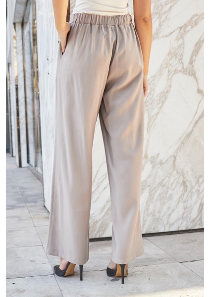 Kadın Ipeksi Modal Yüksek Bel Yan Cepli Pileli Arkası Lastikli Bol Paça Palazzo Pantolon-Vizon indirimleri