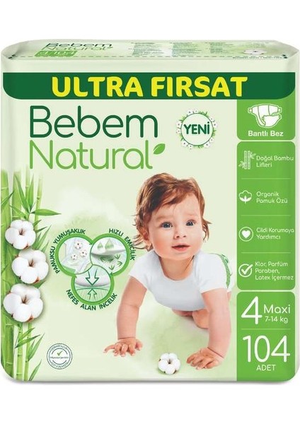 Bebem Bebek Bezi Natural Beden:4 (7-14KG) Maxi 312 Adet Aylık Ultra Fırsat Pk fiyatları