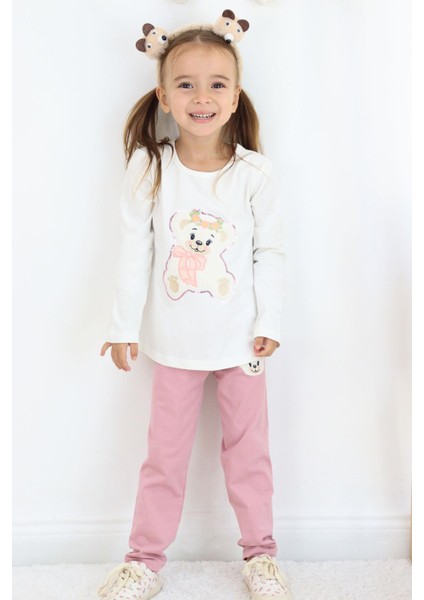 Kız Çocuk Taytlı Takım Sevimli Ayıcık Nakışlı Pullu 1.5-5 Yaş, Ekru
