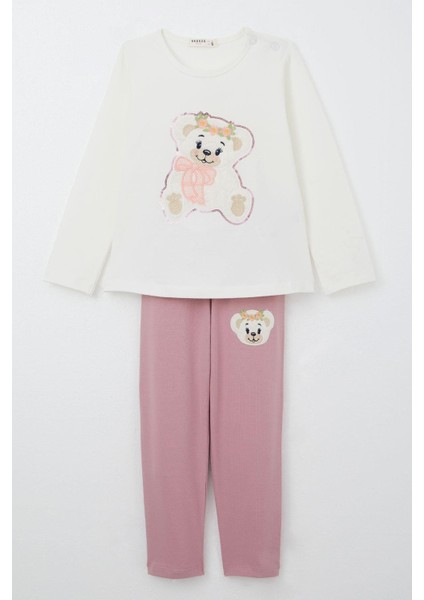 Kız Çocuk Taytlı Takım Sevimli Ayıcık Nakışlı Pullu 1.5-5 Yaş, Ekru fırsatları