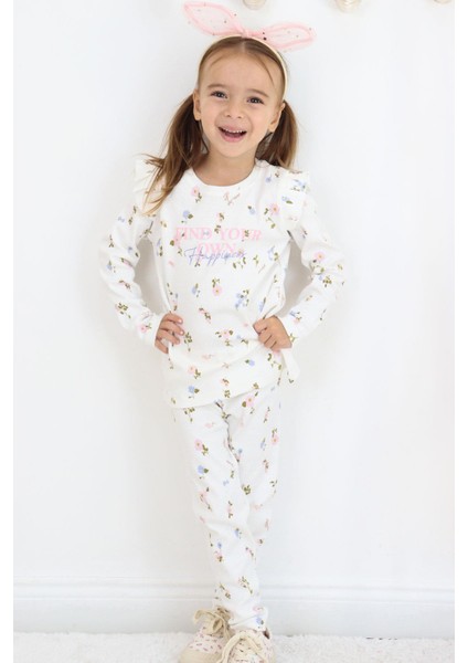 Kız Çocuk Taytlı Takım Renkli Çiçek Desenli Omuzu Fırfırlı 2-6 Yaş, Ekru