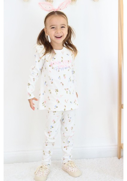 Kız Çocuk Taytlı Takım Renkli Çiçek Desenli Omuzu Fırfırlı 2-6 Yaş, Ekru fiyatları