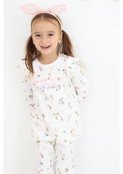 Kız Çocuk Taytlı Takım Renkli Çiçek Desenli Omuzu Fırfırlı 2-6 Yaş, Ekru fırsatları