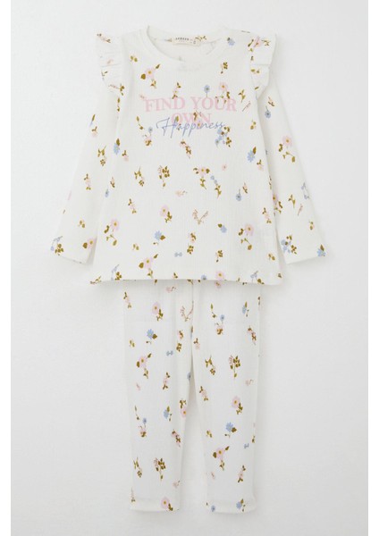 Kız Çocuk Taytlı Takım Renkli Çiçek Desenli Omuzu Fırfırlı 2-6 Yaş, Ekru indirimleri