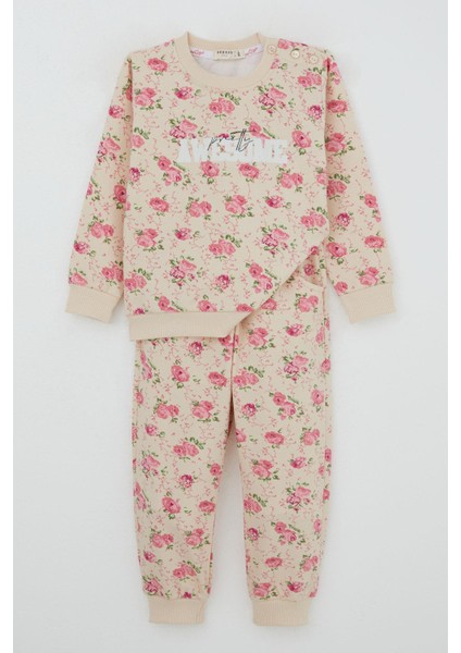 Kız Çocuk Eşofman Takım Çiçek Desenli 1.5-5 Yaş, Bej