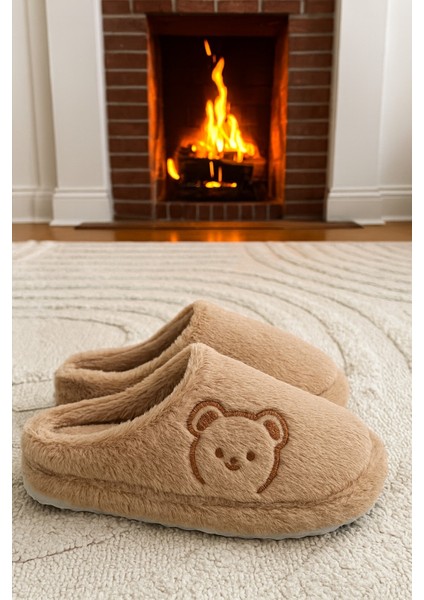 Fluffy Ayıcık Desenli Kadın Ev Terliği Kışlık Yünlü Terlik Ses Yapmayan Içi Yünlü Günlük Rahat Terlik