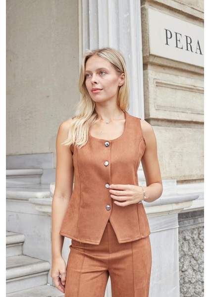 Kadın Likralı Süet Kumaş Balen Yaka Düğmeli Yelek-Taba fiyatları