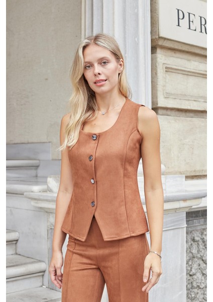 Kadın Likralı Süet Kumaş Balen Yaka Düğmeli Yelek-Taba fırsatları