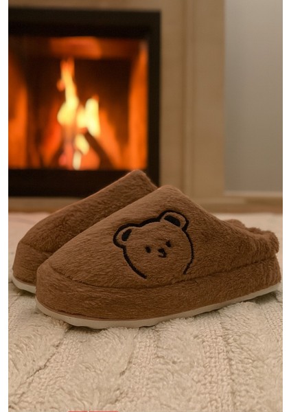 Fluffy Ayıcık Desenli Kadın Ev Terliği Kışlık Yünlü Terlik Ses Yapmayan Içi Yünlü Günlük Rahat Terlik