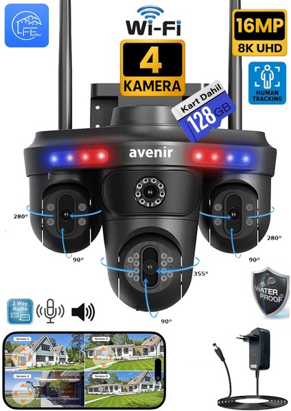 128GB 4 Kameralı (3 Motorlu+ 1 Sabit) Wifi 16MP Akıllı Gece Görüşlü Sesli Kamera Türkçe Uzaktan İzleme