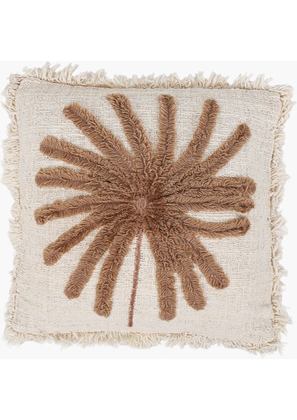 Beyaz Keten Büyük Palmiye Nakışlı Kare Kırlent