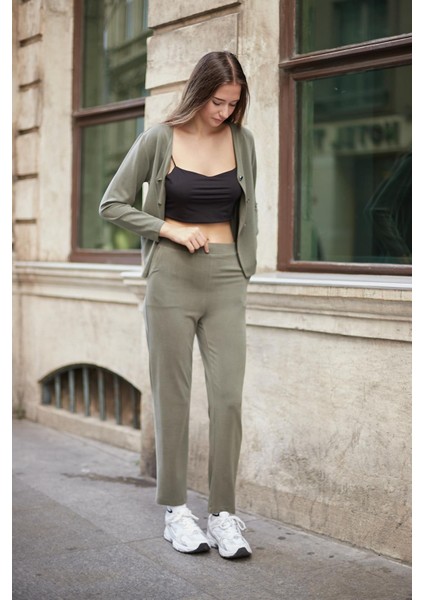 Kadın Esnek Ipeksi Modal Kumaş V Yaka Uzun Kol Düğmeli Ceket-Haki indirimleri