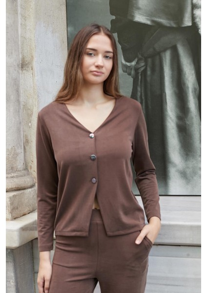 Kadın Esnek Ipeksi Modal Kumaş V Yaka Uzun Kol Düğmeli Ceket-Kahve