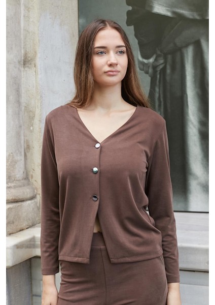 Kadın Esnek Ipeksi Modal Kumaş V Yaka Uzun Kol Düğmeli Ceket-Kahve fiyatları