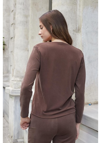 Kadın Esnek Ipeksi Modal Kumaş V Yaka Uzun Kol Düğmeli Ceket-Kahve modelleri