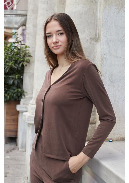 Kadın Esnek Ipeksi Modal Kumaş V Yaka Uzun Kol Düğmeli Ceket-Kahve fırsatları