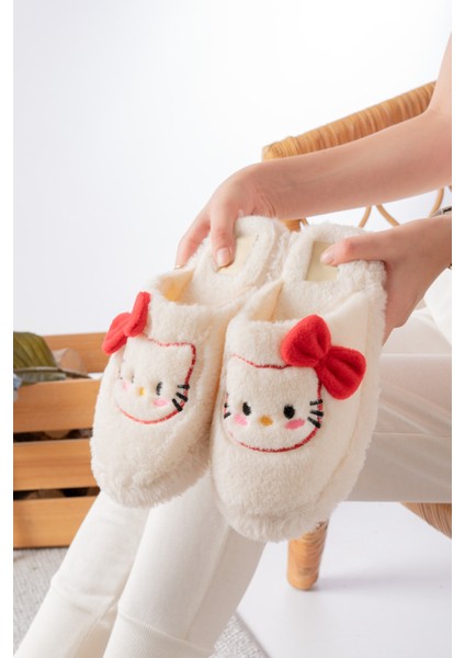 Figürlü Kurdela Detaylı | Fiyonklu Kışlık Unisex Ev Terliği