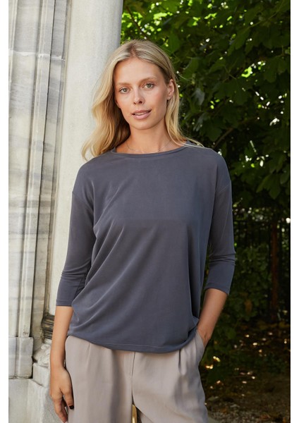 Kadın Kaliteli Modal Esnek Kumaş Geniş Sıfır Yaka Kapri Truvakar Kol Hafif Salaş Bluz-Antrasit fiyatları