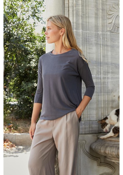 Kadın Kaliteli Modal Esnek Kumaş Geniş Sıfır Yaka Kapri Truvakar Kol Hafif Salaş Bluz-Antrasit modelleri