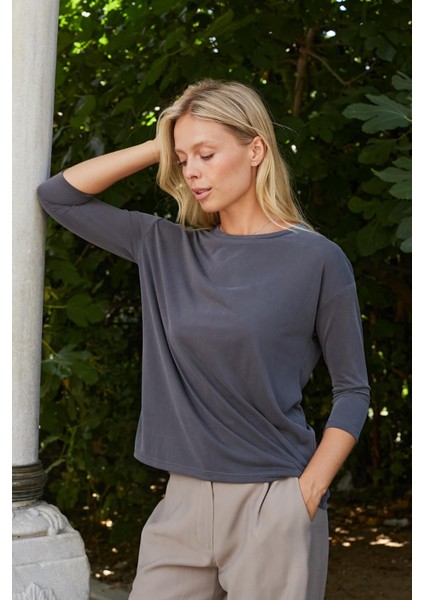 Kadın Kaliteli Modal Esnek Kumaş Geniş Sıfır Yaka Kapri Truvakar Kol Hafif Salaş Bluz-Antrasit fırsatları