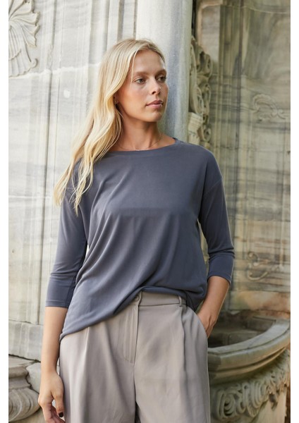 Kadın Kaliteli Modal Esnek Kumaş Geniş Sıfır Yaka Kapri Truvakar Kol Hafif Salaş Bluz-Antrasit indirimleri