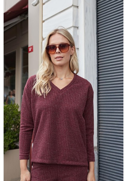 Kadın Simli Kaşkorse V Yaka Düşük Omuzlu Uzun Kol Yırtmaçlı Bluz -Bordo