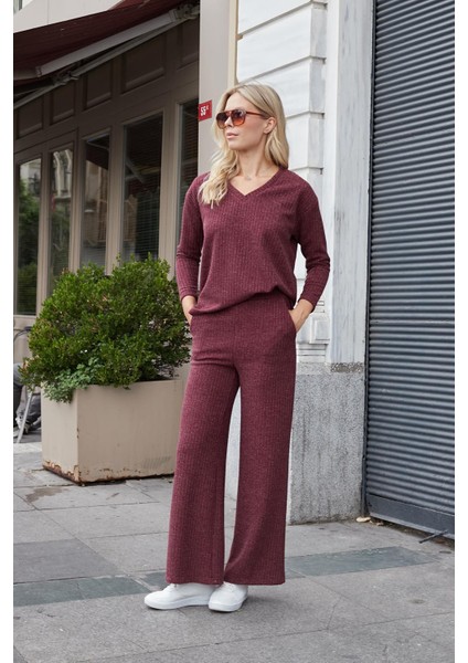 Kadın Simli Kaşkorse V Yaka Düşük Omuzlu Uzun Kol Yırtmaçlı Bluz -Bordo fiyatları