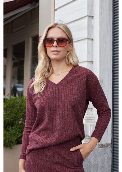 Kadın Simli Kaşkorse V Yaka Düşük Omuzlu Uzun Kol Yırtmaçlı Bluz -Bordo fırsatları