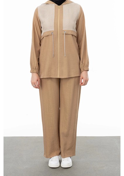 Belden Allerli Fileli Pantolon Takım - Camel